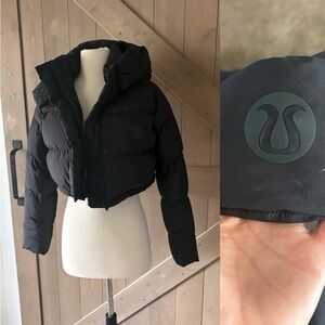 Lululemon Super Cropped Goose Down Black Hooded Puffer Jacket Size 4